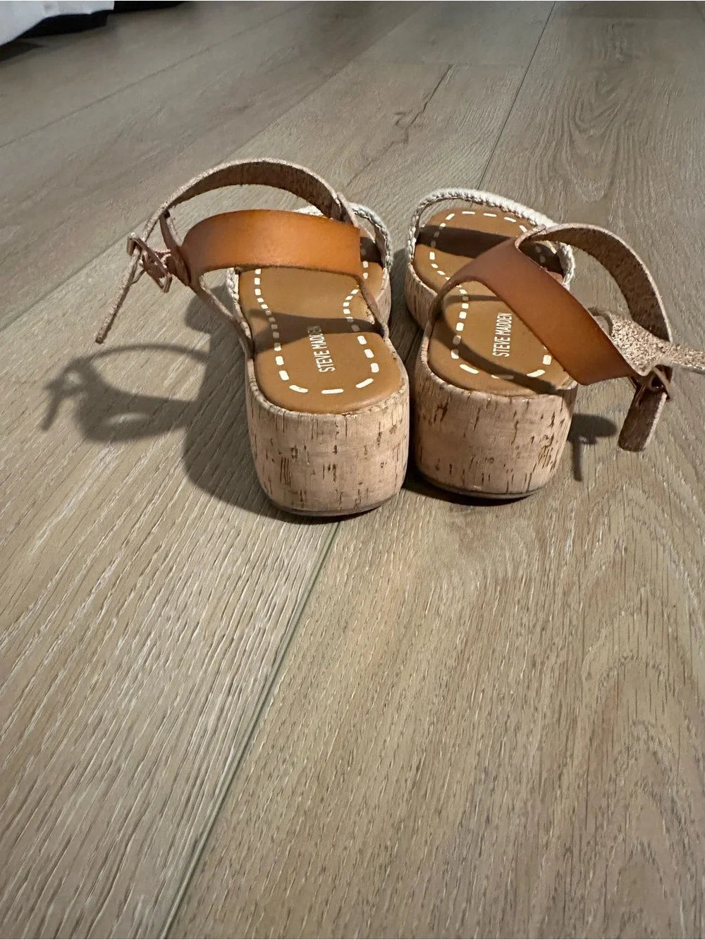 Steve Madden Tan Leather Wedge Sandals with Cream Woven Strap